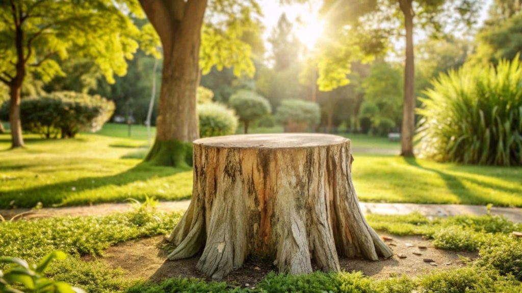 Stump before completely removing it with a slight sunny background