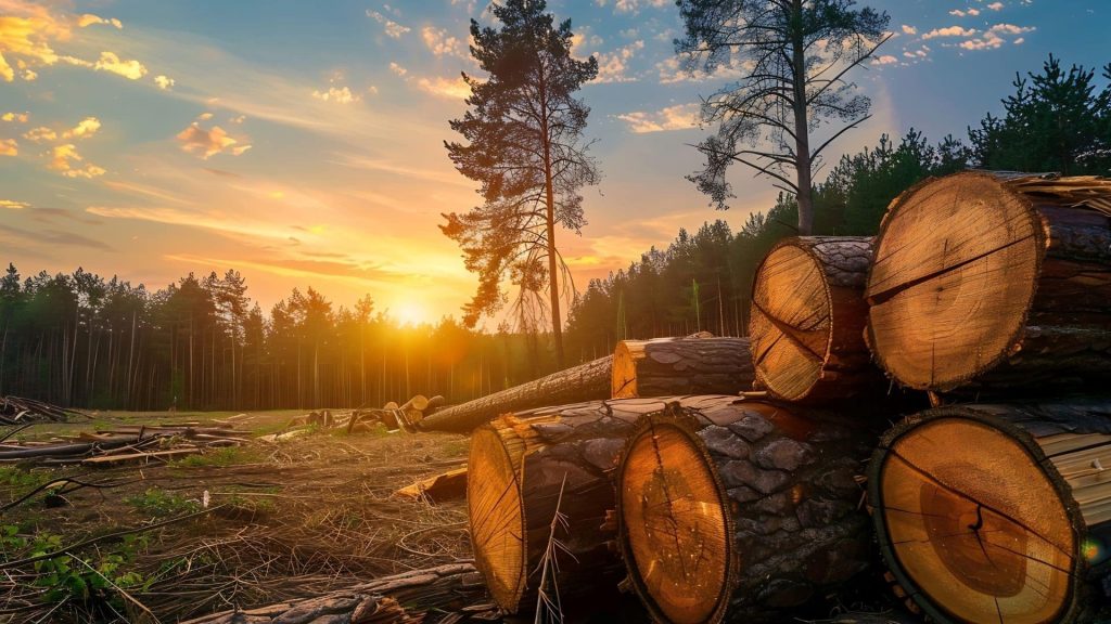 Tree trunks stacked after tree removal service on sunset evening