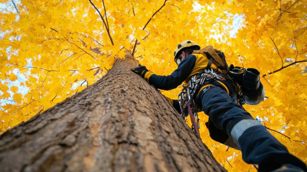 Arborist wearing helmet and harness safely positioned at tree top in Massachusetts