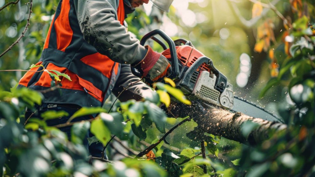 Arborist using chainsaw to remove dead tree in Massachusetts