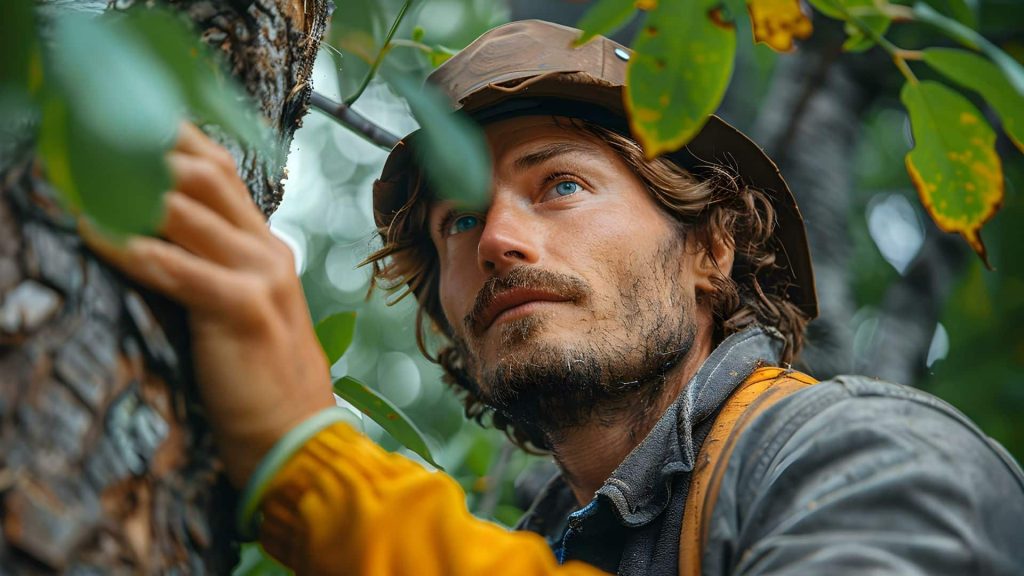 Arborist inspecting tree for any tree health concerns