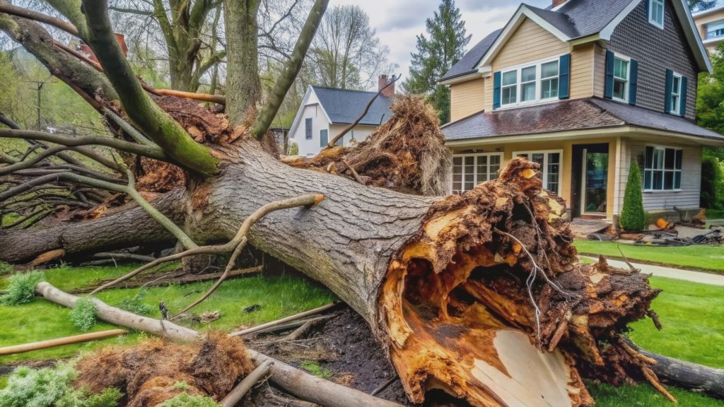 Removing storm-damaged tree leaning dangerously over residential yard in Massachusetts