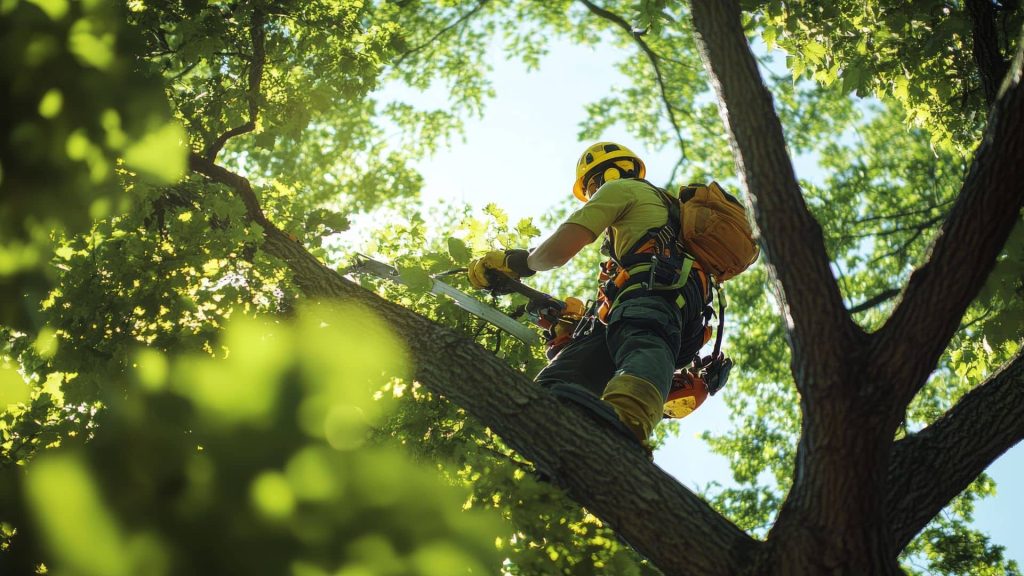 Tree being safely pruned near a home in Massachusetts