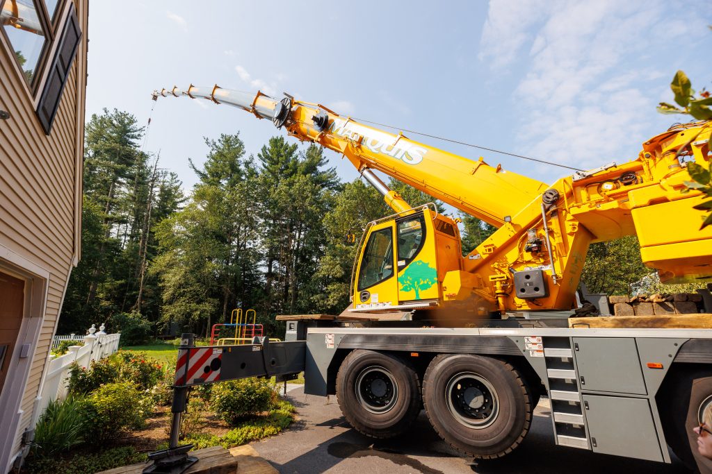 Crane assisted removing tree from residential area